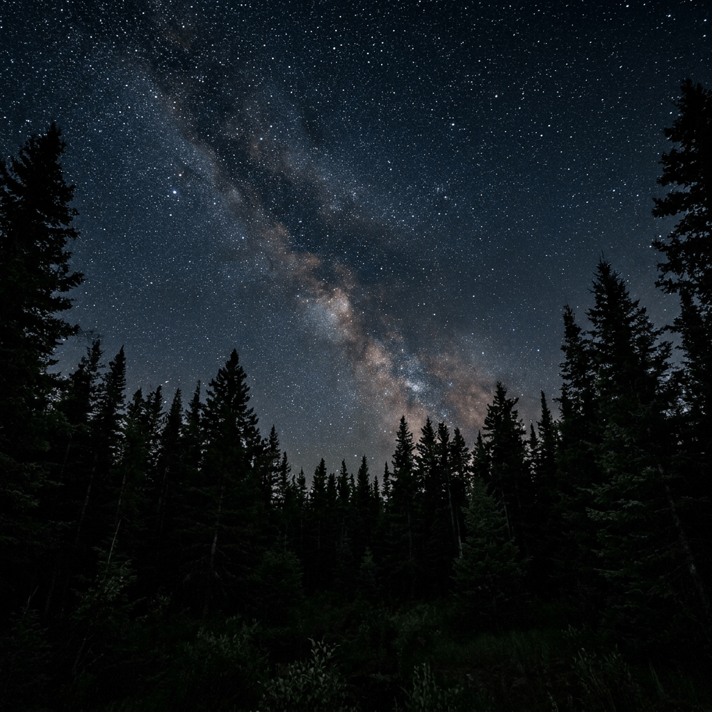 Milky Way arching over silhouetted evergreen trees at night